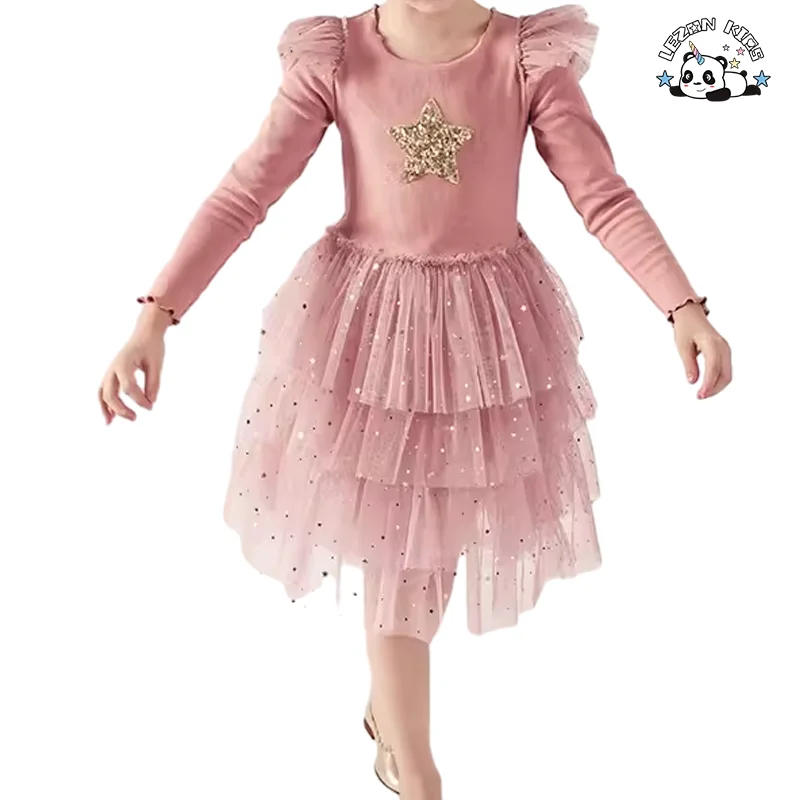 Vestido de Primavera com Renda e Pregas Moda Meninas Manga Longa Bolo de Aniversário para Festa - Product Image