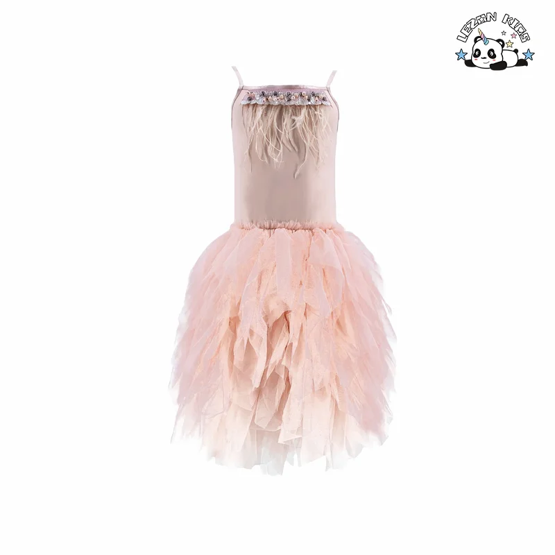 Fashionable girls children feathers dress princess dress for birthday party