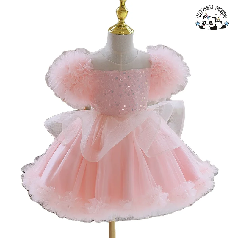 Saia de Princesa Menina Rosa com Lantejoulas e Malha para Vestido Infantil de Festa de Aniversário da Menina de Flores