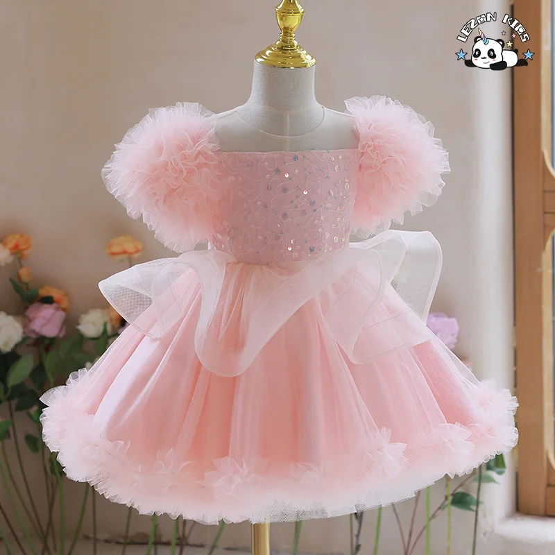 Saia de Princesa Menina Rosa com Lantejoulas e Malha para Vestido Infantil de Festa de Aniversário da Menina de Flores - Product Image