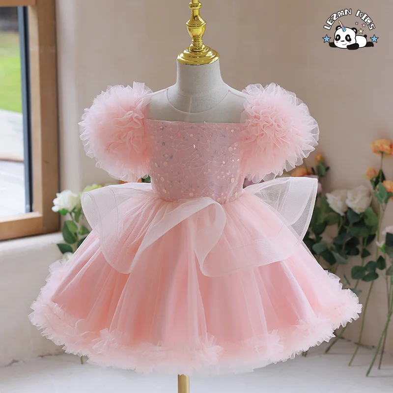 Saia de Princesa Menina Rosa com Lantejoulas e Malha para Vestido Infantil de Festa de Aniversário da Menina de Flores - Product Image