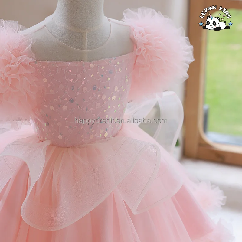 Saia de Princesa Menina Rosa com Lantejoulas e Malha para Vestido Infantil de Festa de Aniversário da Menina de Flores - Product Image