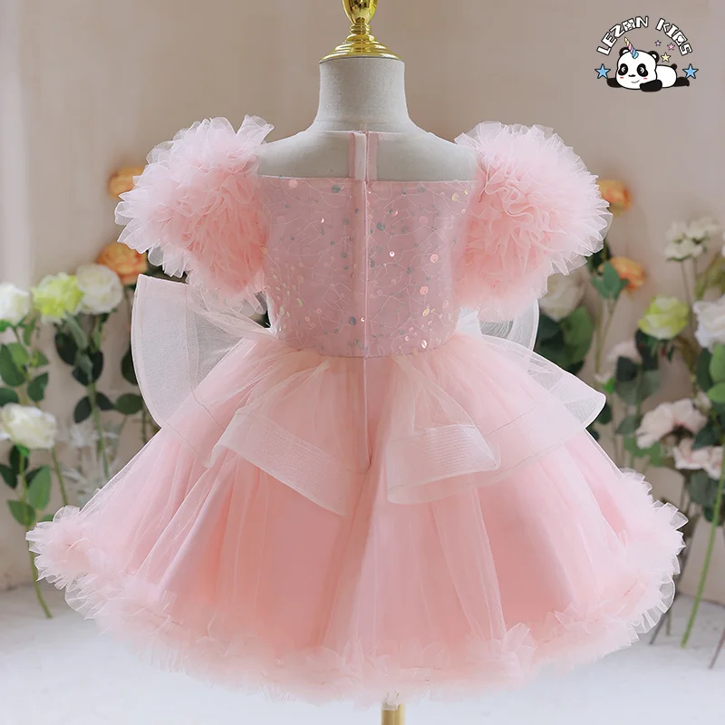 Saia de Princesa Menina Rosa com Lantejoulas e Malha para Vestido Infantil de Festa de Aniversário da Menina de Flores - Product Image