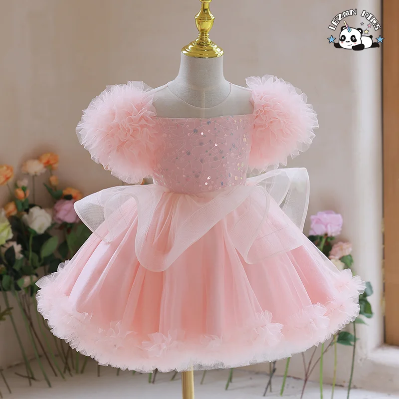Saia de Princesa Menina Rosa com Lantejoulas e Malha para Vestido Infantil de Festa de Aniversário da Menina de Flores - Product Image