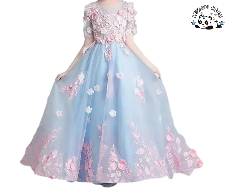Saia de Princesa Menina Verão Novo Vestido Infantil Flor Yarn  Traje de Performance Vestido Maxi
