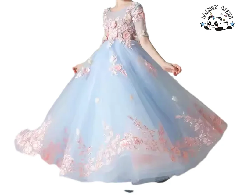Saia de Princesa Menina Verão Novo Vestido Infantil Flor Yarn Traje de Performance Vestido Maxi - Product Image