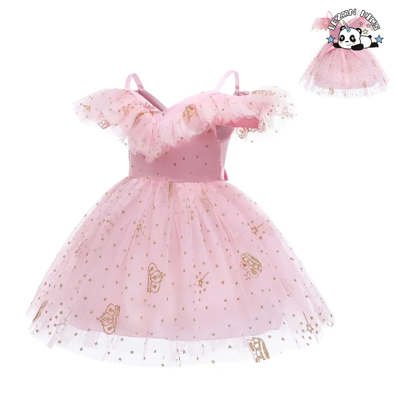 Vestido de Menina Cor Sólida Roupas Infantis Coroa Lantejoulas Saia de Princesa Mesh Gaze Saia