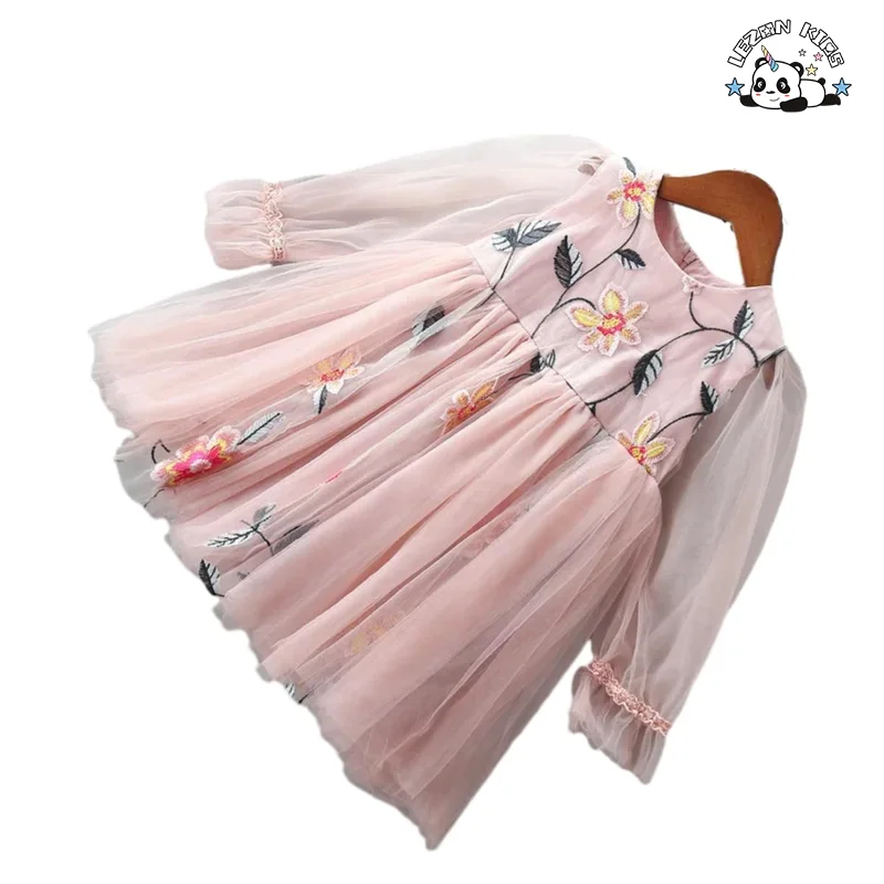 Girl's Embroidery Flower Tulle Princess Dress Long Sleeves Cute Winter Clothing for Toddlers Aged 2-14 Years - Product Image