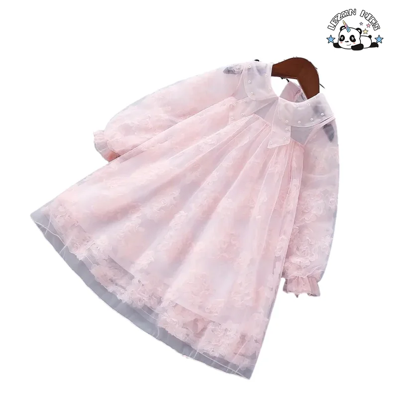 Girl's Sweet Pearls Tulle Dresses Princess Skirt Children's Dress with Flowers
