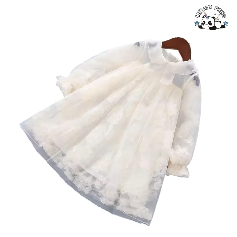 Girl's Sweet Pearls Tulle Dresses Princess Skirt Children's Dress with Flowers - Product Image