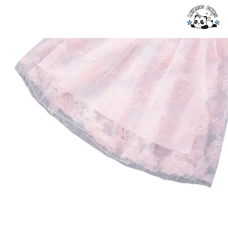 Girl's Sweet Pearls Tulle Dresses Princess Skirt Children's Dress with Flowers - Product Image