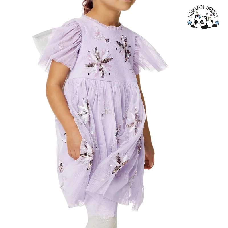 Girls Cute Tulle Sleeves Sequin Patches Summer Girl Sequin Flower Dress Layered Tulle Dress