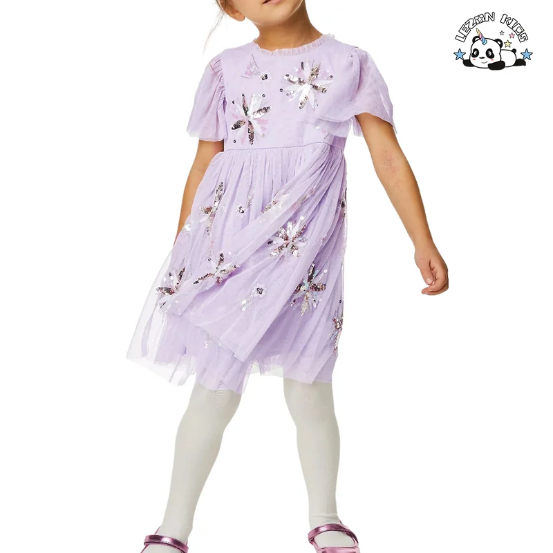 Girls Cute Tulle Sleeves Sequin Patches Summer Girl Sequin Flower Dress Layered Tulle Dress - Product Image