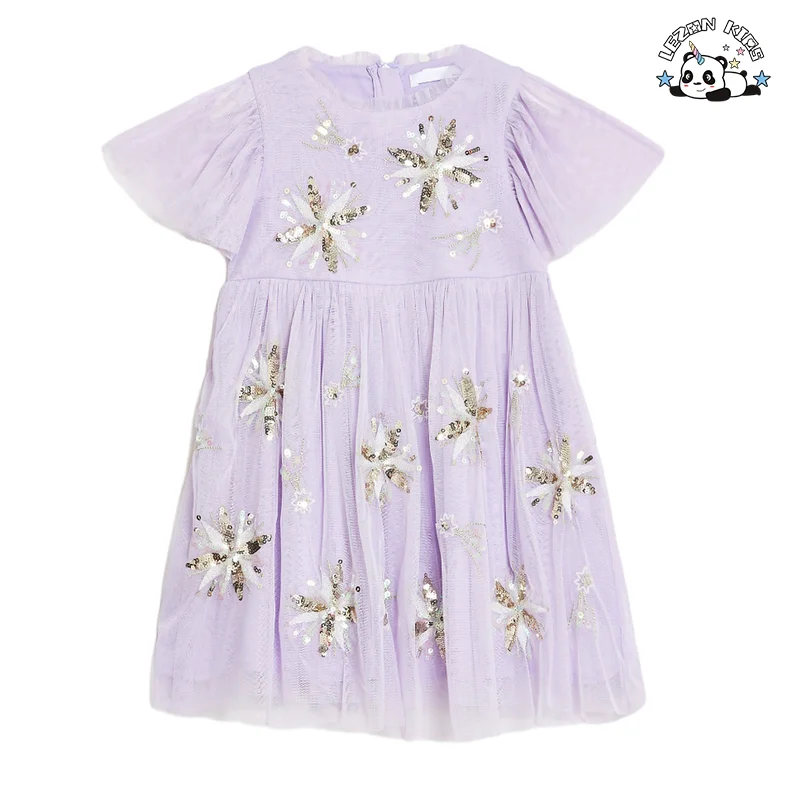 Girls Cute Tulle Sleeves Sequin Patches Summer Girl Sequin Flower Dress Layered Tulle Dress - Product Image