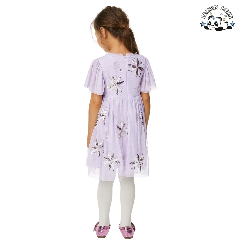 Girls Cute Tulle Sleeves Sequin Patches Summer Girl Sequin Flower Dress Layered Tulle Dress - Product Image