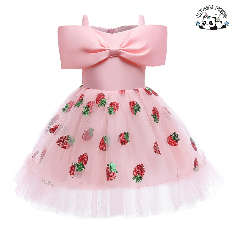 Vestido de Menina Verão Princesa Morango Lantejoulas Saia de Malha e Gaze Saia Desgrenhada Doce Laço Vestido