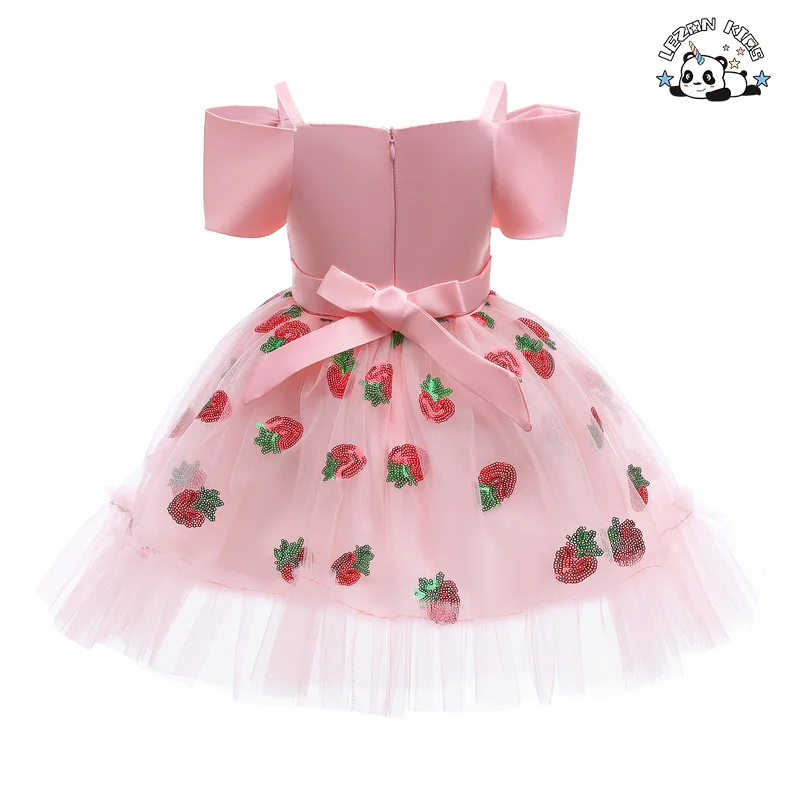 Vestido de Menina Verão Princesa Morango Lantejoulas Saia de Malha e Gaze Saia Desgrenhada Doce Laço Vestido - Product Image