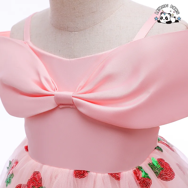 Vestido de Menina Verão Princesa Morango Lantejoulas Saia de Malha e Gaze Saia Desgrenhada Doce Laço Vestido - Product Image