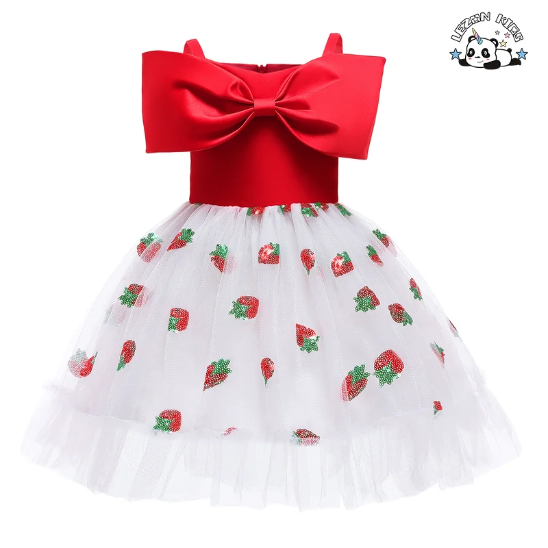 Vestido de Menina Verão Princesa Morango Lantejoulas Saia de Malha e Gaze Saia Desgrenhada Doce Laço Vestido - Product Image