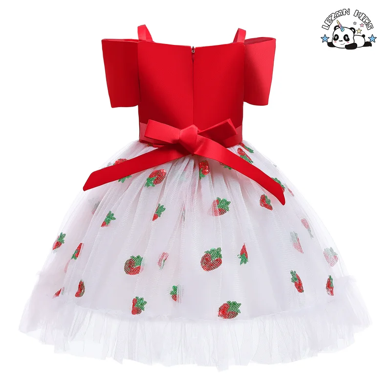 Vestido de Menina Verão Princesa Morango Lantejoulas Saia de Malha e Gaze Saia Desgrenhada Doce Laço Vestido - Product Image