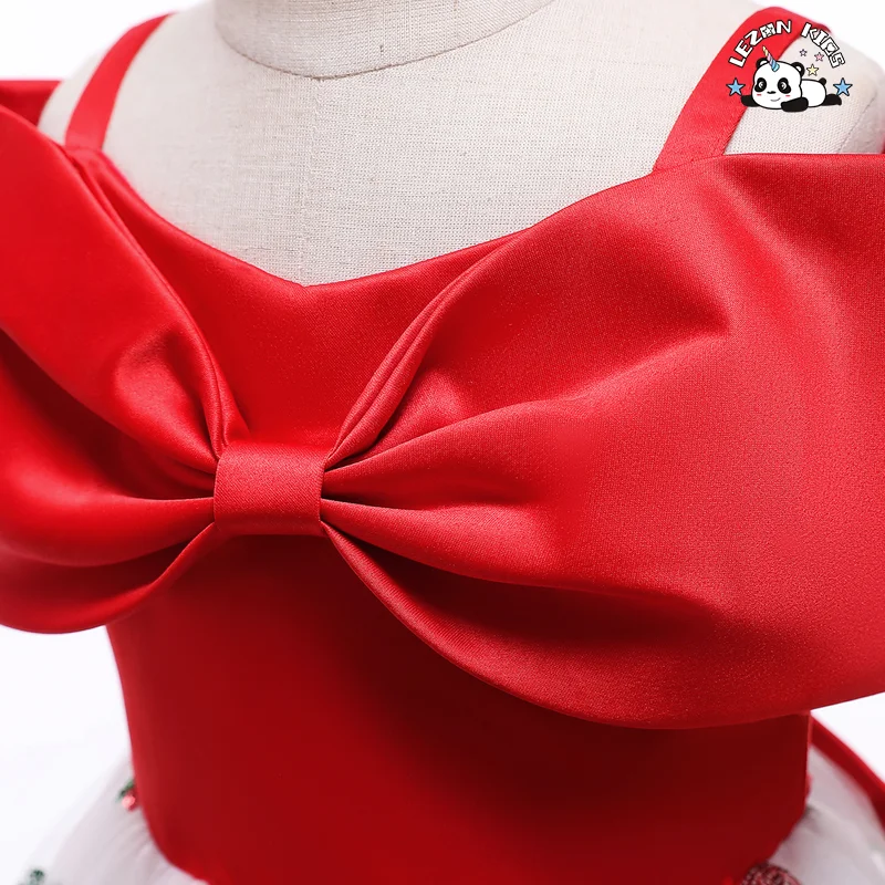 Vestido de Menina Verão Princesa Morango Lantejoulas Saia de Malha e Gaze Saia Desgrenhada Doce Laço Vestido - Product Image