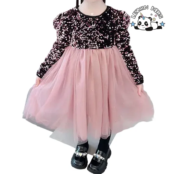 Vestido de Outono para Meninas 2024 Novo Moda Fashion Primavera e Outono Meninas' Lantejoulas Princesa Vestido - Product Image