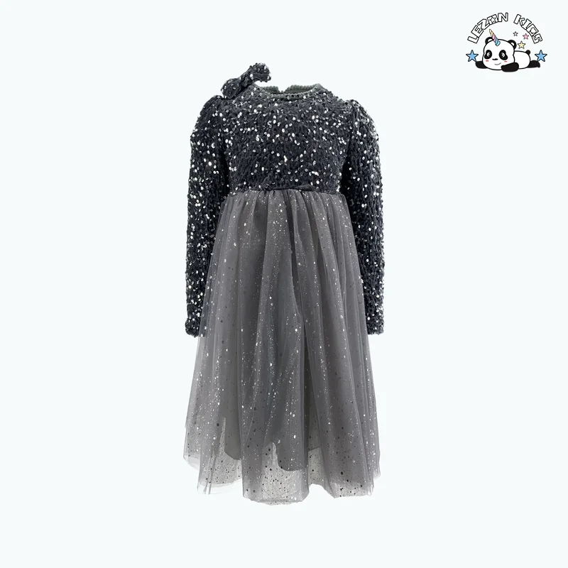 Girls' Long Sleeve Sequin Princess Dress Tulle Poncho Casual Vintage Mini Style Deco Bow Plaid Pattern Dress