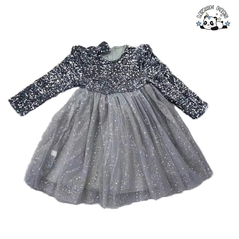 Girls' Long Sleeve Sequin Princess Dress Tulle Poncho Casual Vintage Mini Style Deco Bow Plaid Pattern Dress - Product Image