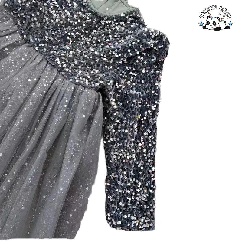 Girls' Long Sleeve Sequin Princess Dress Tulle Poncho Casual Vintage Mini Style Deco Bow Plaid Pattern Dress - Product Image