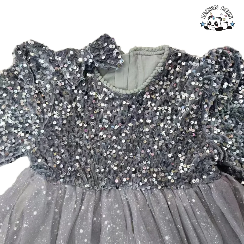 Girls' Long Sleeve Sequin Princess Dress Tulle Poncho Casual Vintage Mini Style Deco Bow Plaid Pattern Dress - Product Image