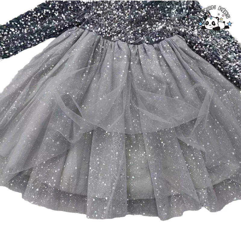 Girls' Long Sleeve Sequin Princess Dress Tulle Poncho Casual Vintage Mini Style Deco Bow Plaid Pattern Dress - Product Image