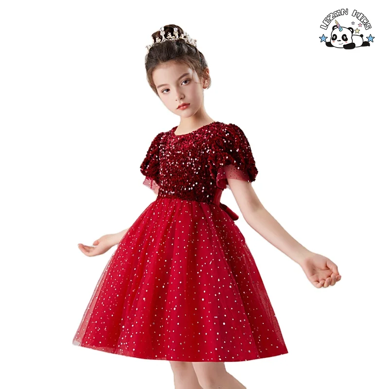 Vestido Curto de Manga Curta para Meninas, Vestido de Gala com Lantejoulas e Poncho de Gaze, Saia Curta e Doce, Saia de Princesa