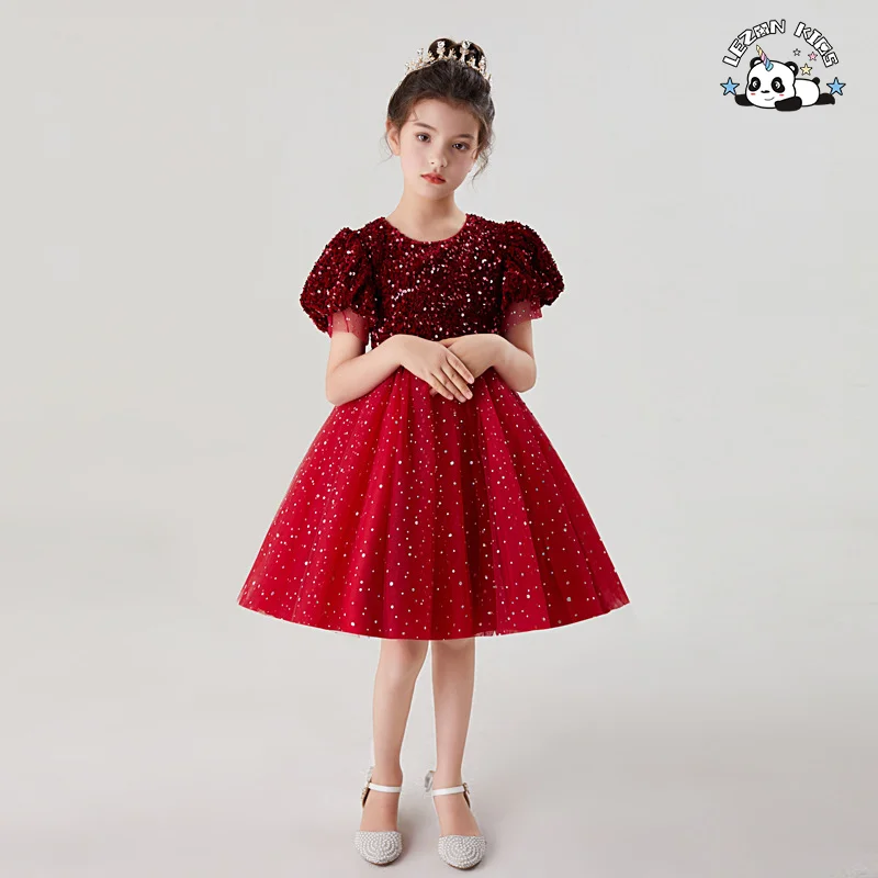 Vestido Curto de Manga Curta para Meninas, Vestido de Gala com Lantejoulas e Poncho de Gaze, Saia Curta e Doce, Saia de Princesa - Product Image