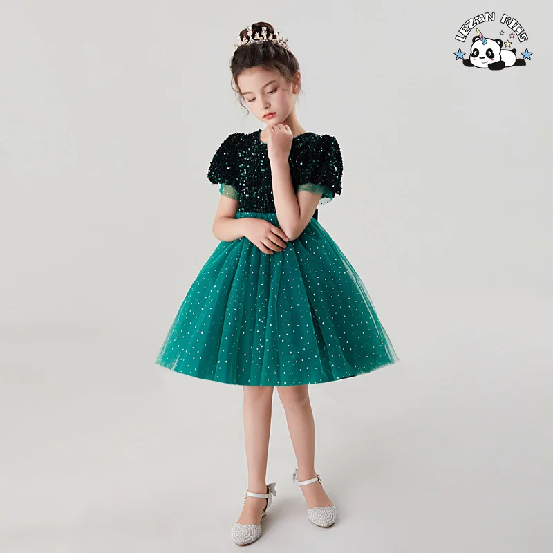 Vestido Curto de Manga Curta para Meninas, Vestido de Gala com Lantejoulas e Poncho de Gaze, Saia Curta e Doce, Saia de Princesa - Product Image