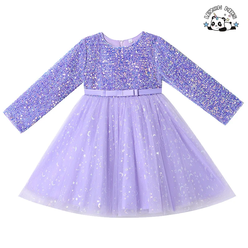 Vestido longo de manga comprida para meninas com lantejoulas e gaze, vestido de princesa para apresentações no palco