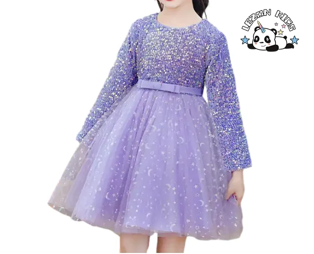 Vestido longo de manga comprida para meninas com lantejoulas e gaze, vestido de princesa para apresentações no palco - Product Image