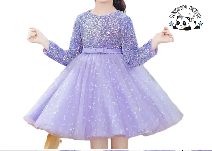 Vestido longo de manga comprida para meninas com lantejoulas e gaze, vestido de princesa para apresentações no palco - Product Image