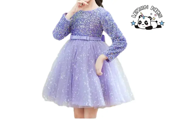 Vestido longo de manga comprida para meninas com lantejoulas e gaze, vestido de princesa para apresentações no palco - Product Image
