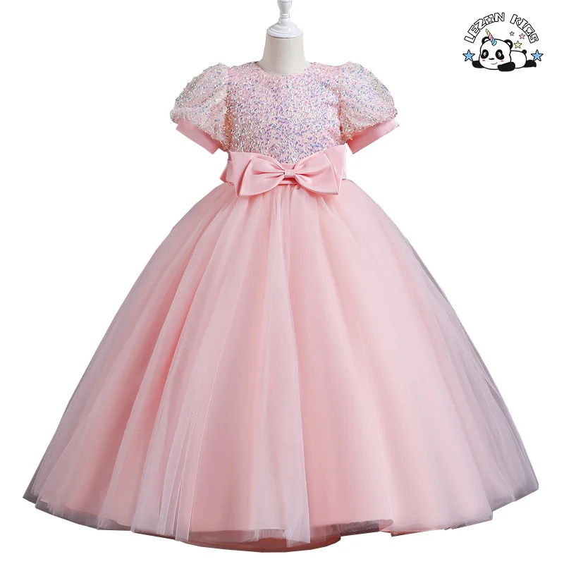 Vestido de princesa doce com lantejoulas e mangas curtas e poncho de malha longo para meninas