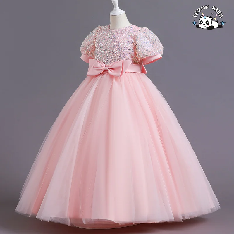 Girls' bubble sleeve dress long mesh poncho short sleeved sequins sweet princess dress - Product Image