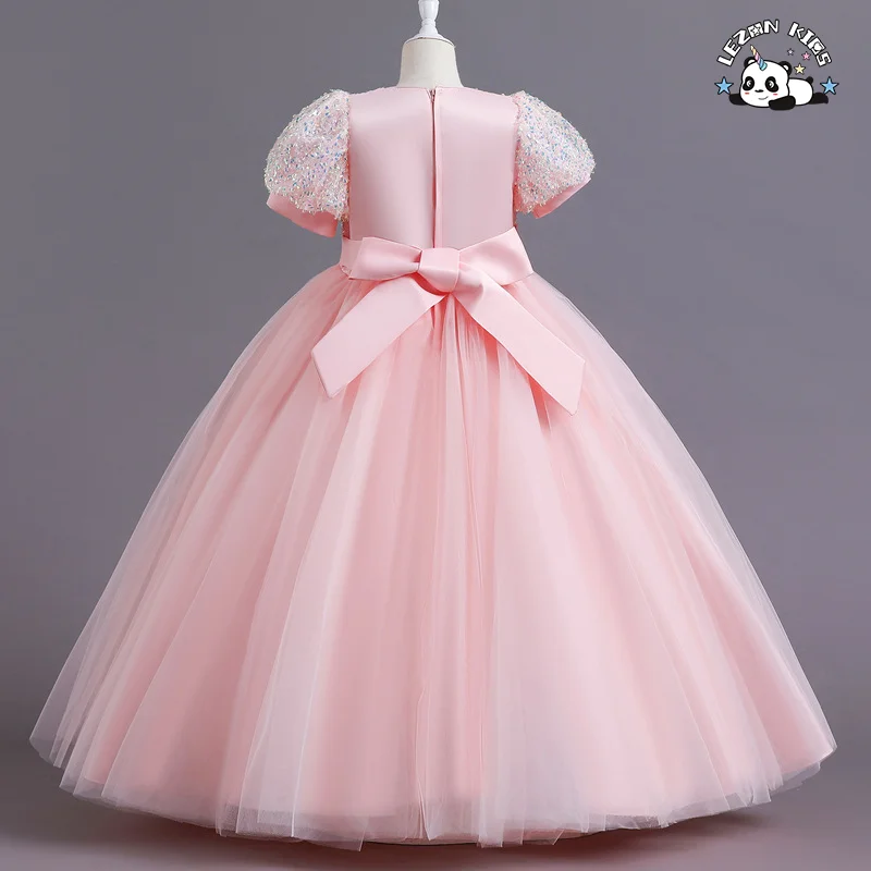 Girls' bubble sleeve dress long mesh poncho short sleeved sequins sweet princess dress - Product Image