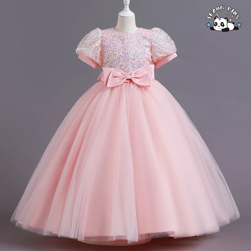 Girls' bubble sleeve dress long mesh poncho short sleeved sequins sweet princess dress - Product Image