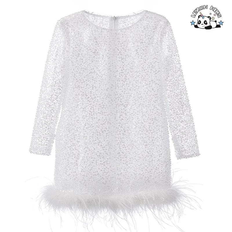 Good Quality  Children White Flower Dress Girl Birthday Party Evening Skirt Sequin Girls Dress