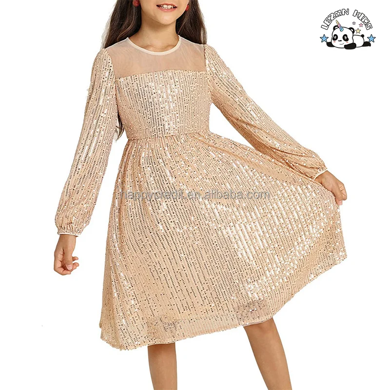 Good Quality Elegant Champagne Prince Long Sleeve Sequin Dress Ball Gown Tulle Dress for 2-13T Kids