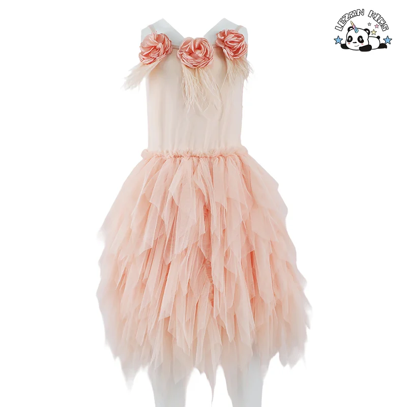 Good Quality Feather Sequin Flower Sling Gauze Dress Princess Tutu Girls Dress for 2-14y Girls