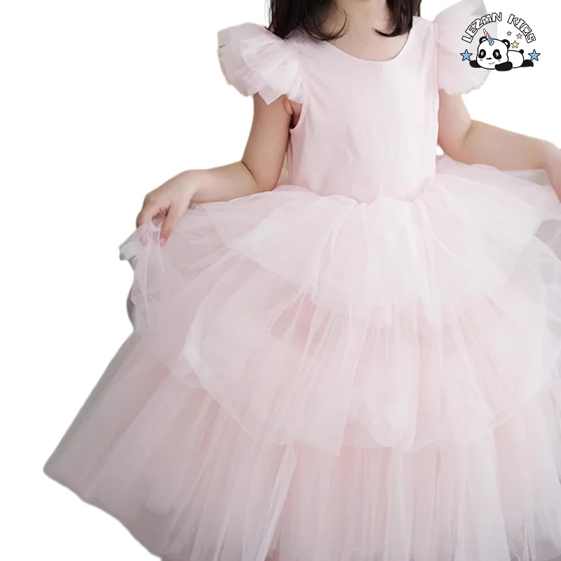 Good Quality Ruffled Sleeveless Girl Dress Pink Tulle Dress Tulle Layered Party  Girls Dress