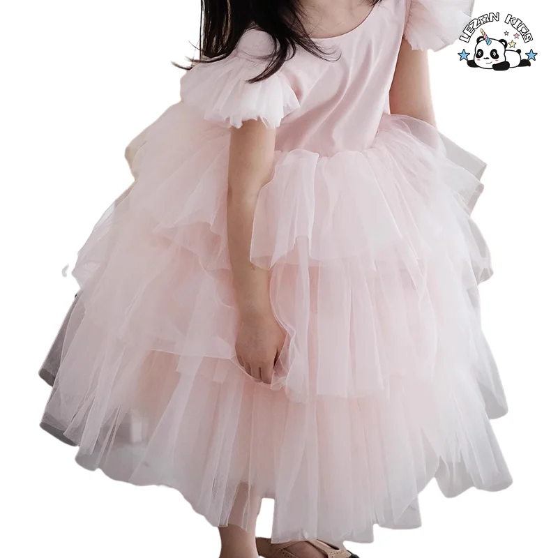 Good Quality Ruffled Sleeveless Girl Dress Pink Tulle Dress Tulle Layered Party Girls Dress - Product Image