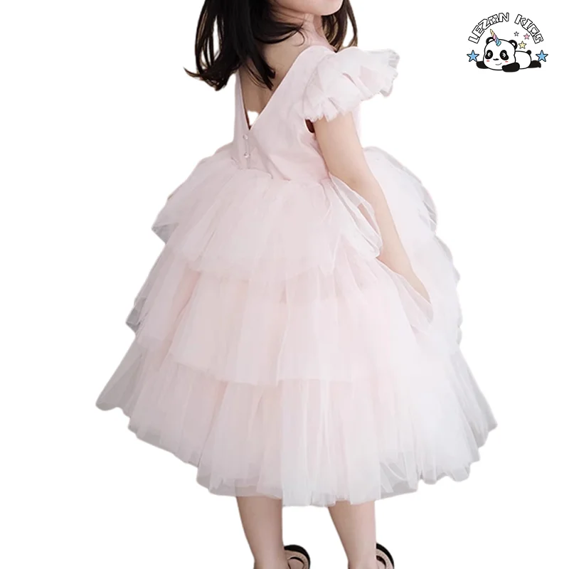 Good Quality Ruffled Sleeveless Girl Dress Pink Tulle Dress Tulle Layered Party Girls Dress - Product Image