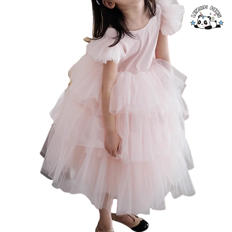 Good Quality Ruffled Sleeveless Girl Dress Pink Tulle Dress Tulle Layered Party Girls Dress - Product Image