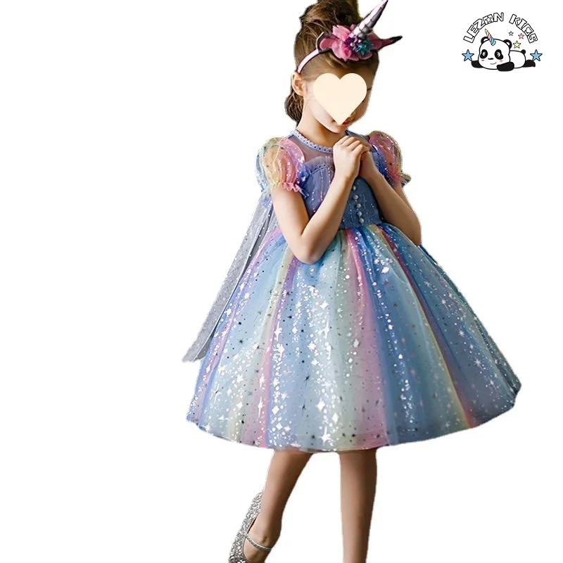 Good Quality Short Puff Sleeve Rainbow princess girls dress summer sequined sparkly little girl dress